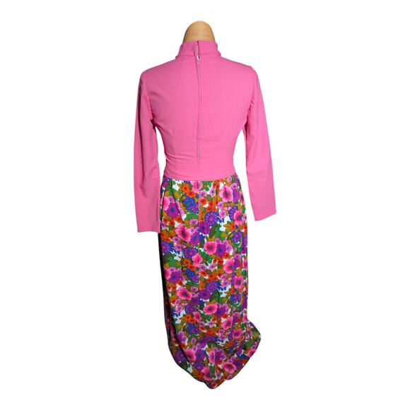 Vtg 1970s Hot Pink Mock Neck Barkcloth Neon Mod Floral Maxi Dress Sz 6 - Picture 3 of 4
